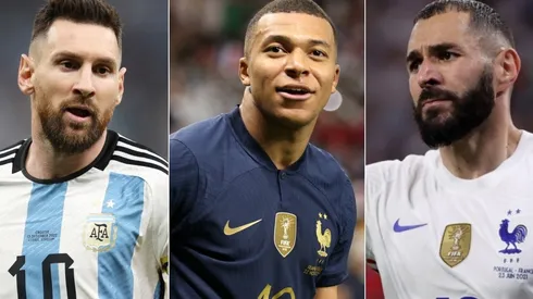 Lionel Messi (left), Kylian Mbappe (c) and Karim Benzema.
