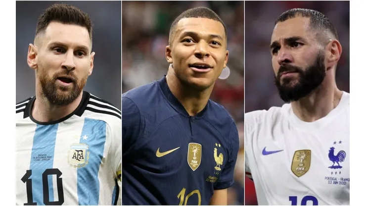 Lionel Messi (left), Kylian Mbappe (c) and Karim Benzema.