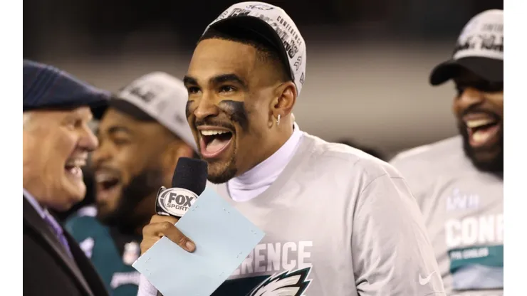 QB Jalen Hurts singing "Fly, Eagles fly" after the NFC Championship Game win
