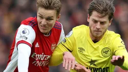 Martin Odegaard of Arsenal and Mathias Jensen of Brentford