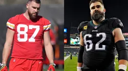 Travis Kelce of the Chiefs (left) and Jason Kelce of the Eagles (right)