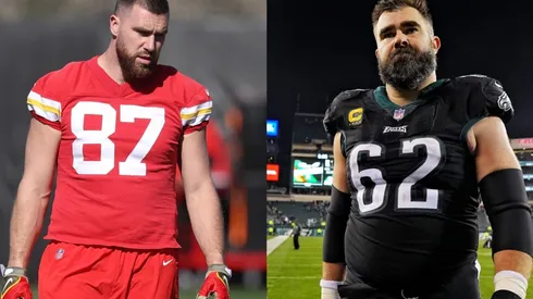 Travis Kelce of the Chiefs (left) and Jason Kelce of the Eagles (right)