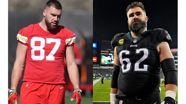 Travis Kelce of the Chiefs (left) and Jason Kelce of the Eagles (right)