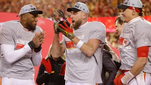 The Chiefs celebrating the 2023 AFC Championship title.