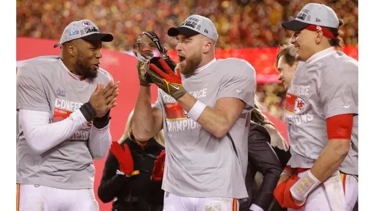 The Chiefs celebrating the 2023 AFC Championship title.