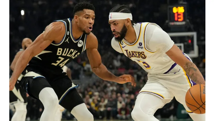 Giannis Antetokounmpo of the Milwaukee Bucks and Anthony Davis of the Los Angeles Lakers