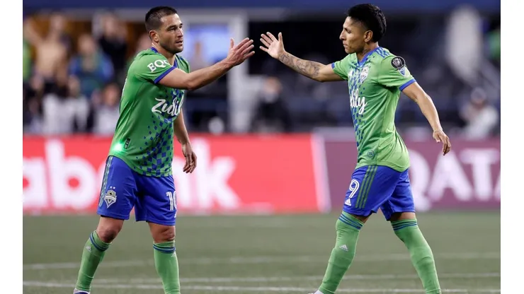Nicolás Lodeiro #10 and Raúl Ruidíaz #9 of Seattle Sounders