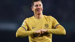 Robert Lewandowski celebrates his goal against Betis