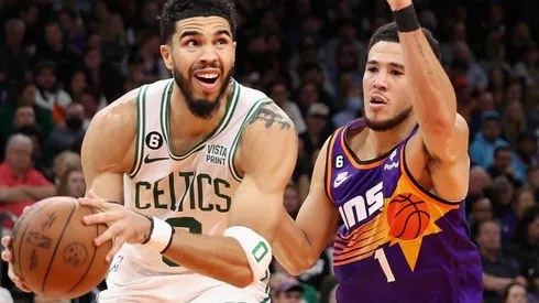 Jayson Tatum of the Boston Celtics and Devin Booker of the Phoenix Suns