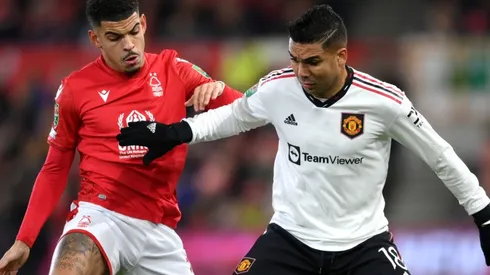 Morgan Gibbs-White of Nottingham Forest and Casemiro of Manchester United