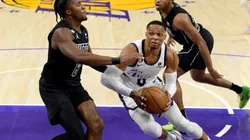 Russell Westbrook #0 of the Los Angeles Lakers drives to the basket against David Duke Jr. #6 of the Brooklyn Nets