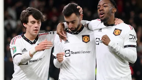 Bruno Fernandes, Facundo Pellistri and Anthony Elanga of Manchester United