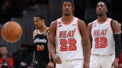 Jimmy Butler #22 and Bam Adebayo #13 of the Miami Heat