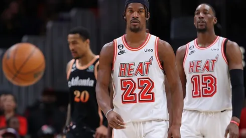 Jimmy Butler #22 and Bam Adebayo #13 of the Miami Heat