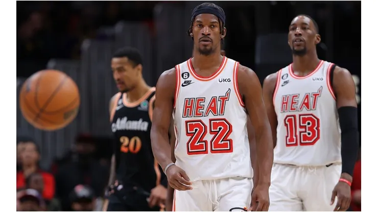 Jimmy Butler #22 and Bam Adebayo #13 of the Miami Heat