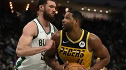 Sandro Mamukelashvili of the Milwaukee Bucks and Tristan Thompson of the Indiana Pacers