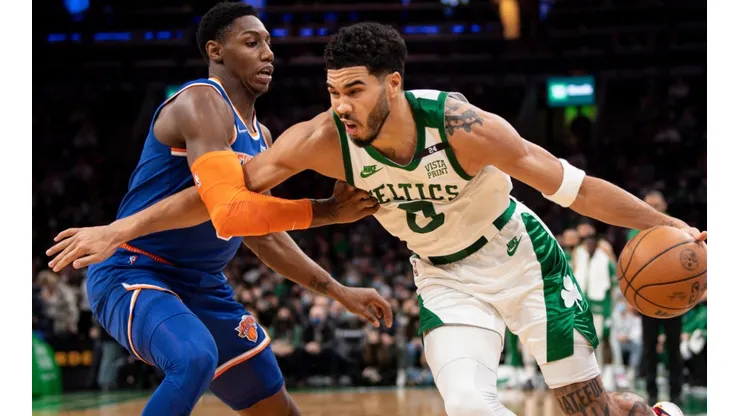 Jayson Tatum of the Boston Celtics against the New York Knicks