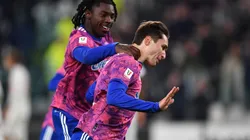 Federico Chiesa of Juventus celebrates a goal with team mate Moise Kean