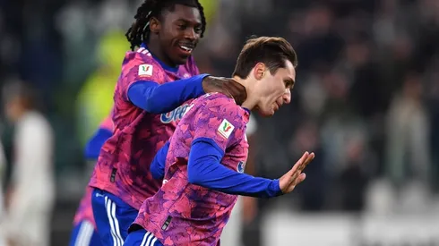 Federico Chiesa of Juventus celebrates a goal with team mate Moise Kean
