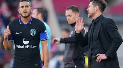 Diego Simeone, Head Coach of Atletico Madrid, gives Koke instructions
