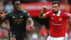 Albert Sambi Lokonga of Arsenal and Bruno Fernandes of Manchester United