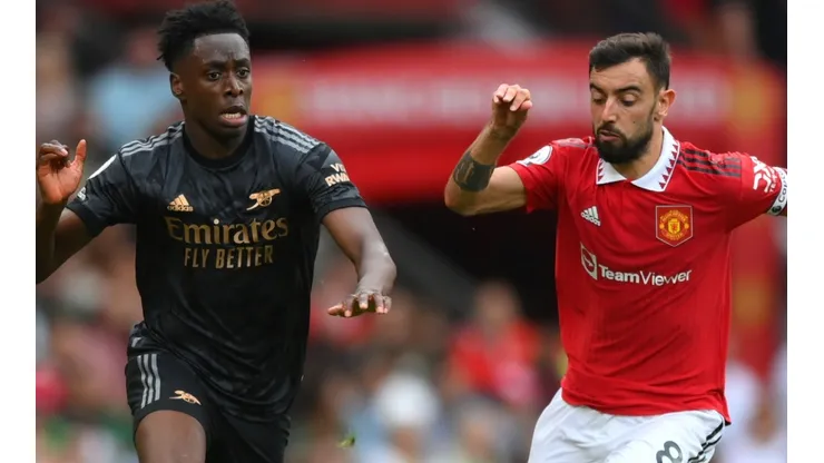 Albert Sambi Lokonga of Arsenal and Bruno Fernandes of Manchester United