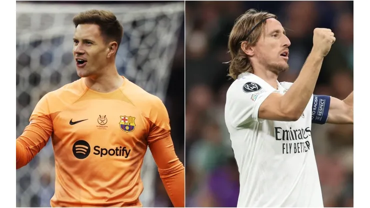 Marc-Andre ter Stegen of FC Barcelona (L) and Luka Modric of Real Madrid (R)