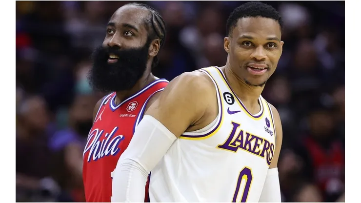 James Harden #1 of the Philadelphia 76ers and Russell Westbrook #0 of the Los Angeles Lakers