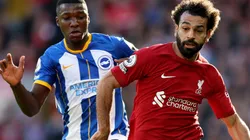 Moises Caicedo of Brighton and Mohamed Salah of Liverpool