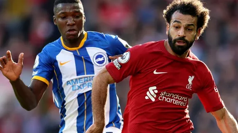 Moises Caicedo of Brighton and Mohamed Salah of Liverpool