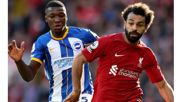 Moises Caicedo of Brighton and Mohamed Salah of Liverpool