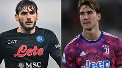 Khvicha Kvaratskhelia of Napoli and Dusan Vlahovic of Juventus
