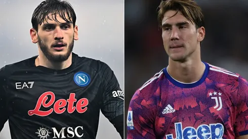 Khvicha Kvaratskhelia of Napoli and Dusan Vlahovic of Juventus