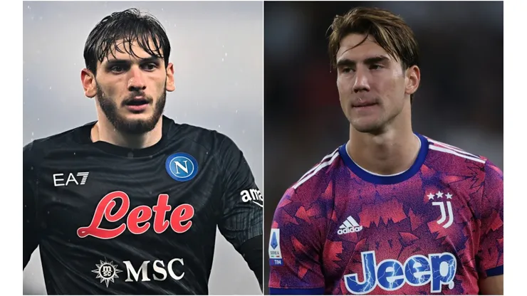 Khvicha Kvaratskhelia of Napoli and Dusan Vlahovic of Juventus