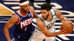 Bruce Brown of the Brooklyn Nets and Jayson Tatum of the Boston Celtics
