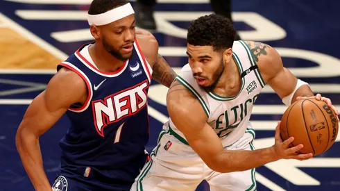 Bruce Brown of the Brooklyn Nets and Jayson Tatum of the Boston Celtics