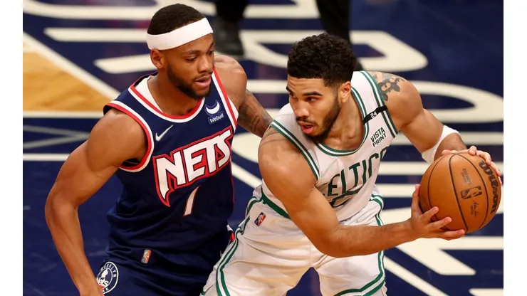Bruce Brown of the Brooklyn Nets and Jayson Tatum of the Boston Celtics