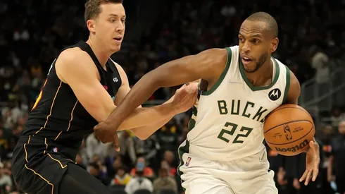 Duncan Robinson of the Miami Heat and Khris Middleton of the Milwaukee Bucks