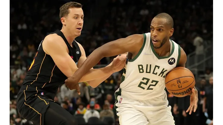 Duncan Robinson of the Miami Heat and Khris Middleton of the Milwaukee Bucks