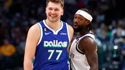 Luka Doncic of the Dallas Mavericks and Patrick Beverley of the Los Angeles Lakers
