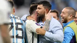 Former Argentine player Sergio Aguero congratulates Lionel Messi of Argentina after the team's victory in the penalty shoot out during the FIFA World Cup Qatar 2022 quarter final match between Netherlands and Argentina at Lusail Stadium on December 09, 2022 in Lusail City, Qatar.