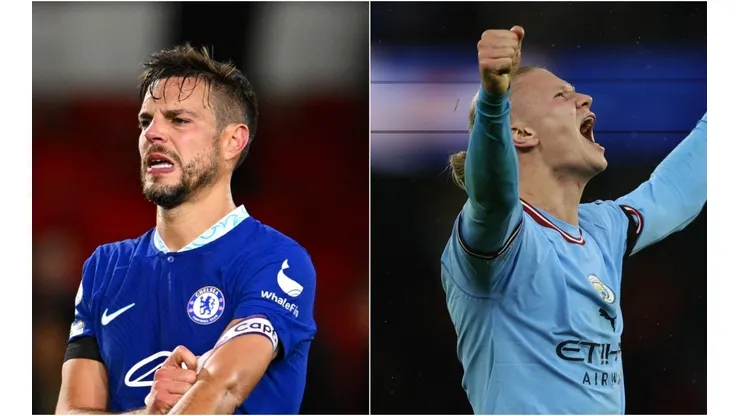 Cesar Azpilicueta of Chelsea (L) and Erling Haaland of Manchester City (R)