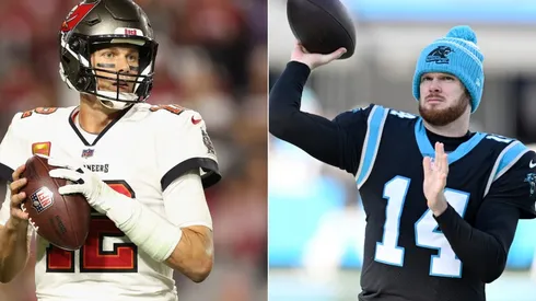 Tom Brady of the Tampa Bay Buccaneers and Sam Darnold of the Carolina Panthers