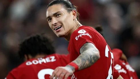 Darwin Nunez of Liverpool celebrates after scoring their team's first goal during the Premier League match between Liverpool FC and West Ham United at Anfield on October 19, 2022 in Liverpool, England.