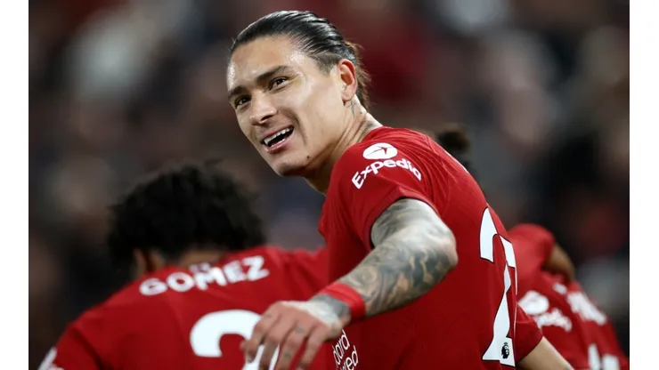 Darwin Nunez of Liverpool celebrates after scoring their team's first goal during the Premier League match between Liverpool FC and West Ham United at Anfield on October 19, 2022 in Liverpool, England.