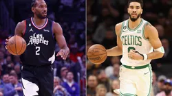 Kawhi Leonard of the Los Angeles Clippers and Jayson Tatum of the Boston Celtics
