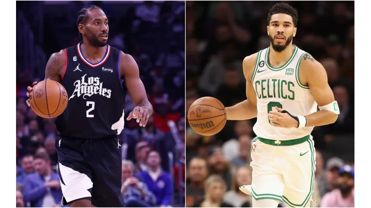 Kawhi Leonard of the Los Angeles Clippers and Jayson Tatum of the Boston Celtics
