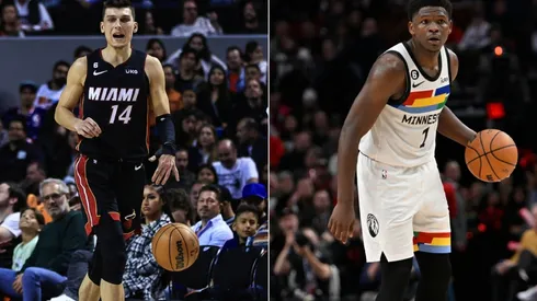 Tyler Herro of the Miami Heat and Anthony Edwards of the Minnesota Timberwolves