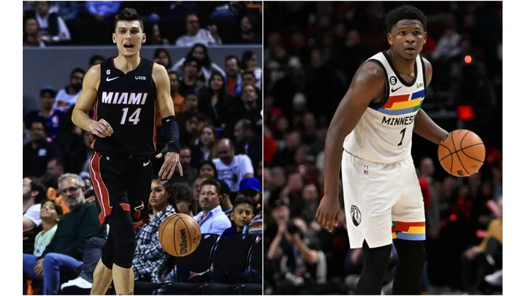 Tyler Herro of the Miami Heat and Anthony Edwards of the Minnesota Timberwolves