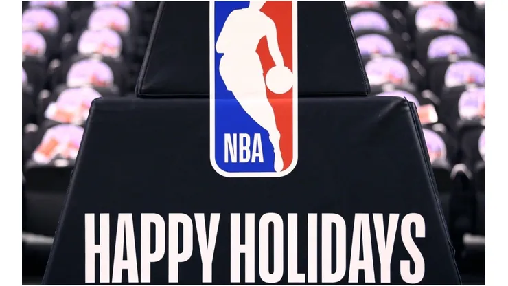 Christmas branding on the basketball stantion prior to an NBA game